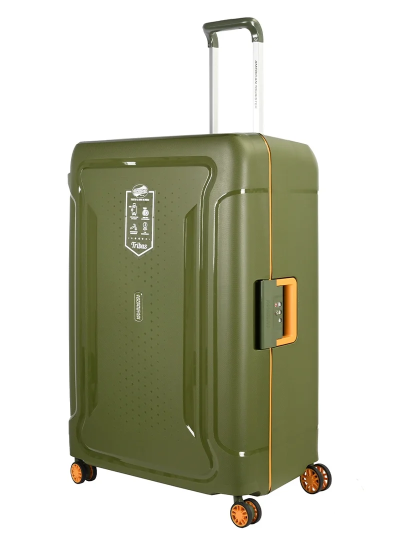 American Tourister tribus suitcase, check-in size 78 cm / 29 inch, 4 spinner wheels, hard top, polypropylene, olive|address tag|tsa lock|dual tube pull handle|scratch resistant texture|xtrasecu™ 3-point locking system - 3 years international warranty