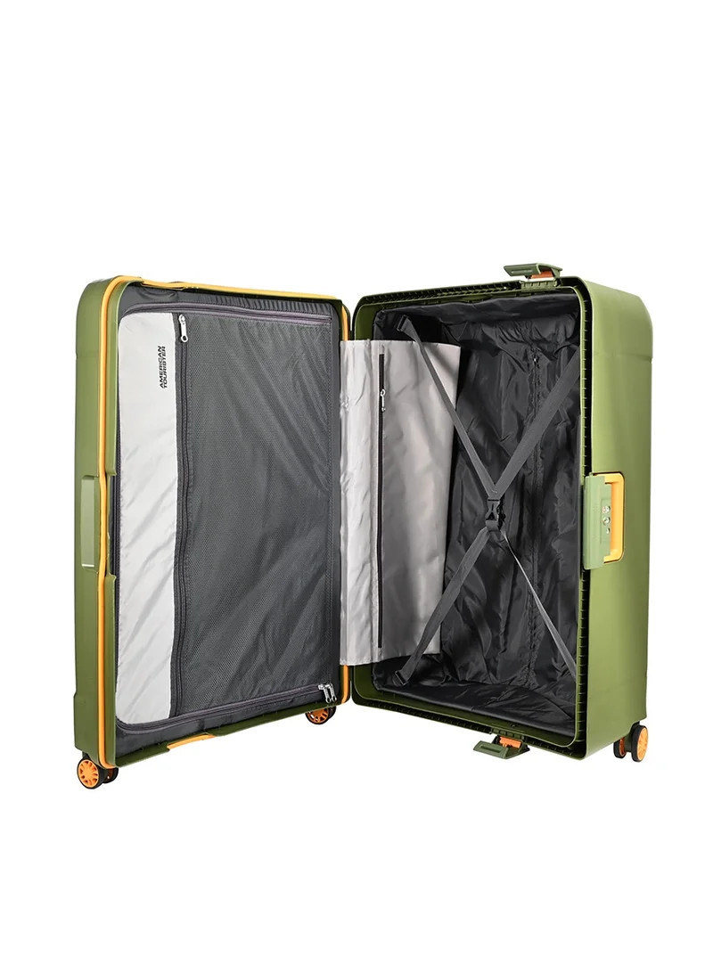 American Tourister  tribus suitcase, check-in size 78 cm / 29 inch, 4 spinner wheels, hard top, polypropylene, olive|address tag|tsa lock|dual tube pull handle|scratch resistant texture|xtrasecu™ 3-point locking system - 3 years international warranty  | Best Price UAE