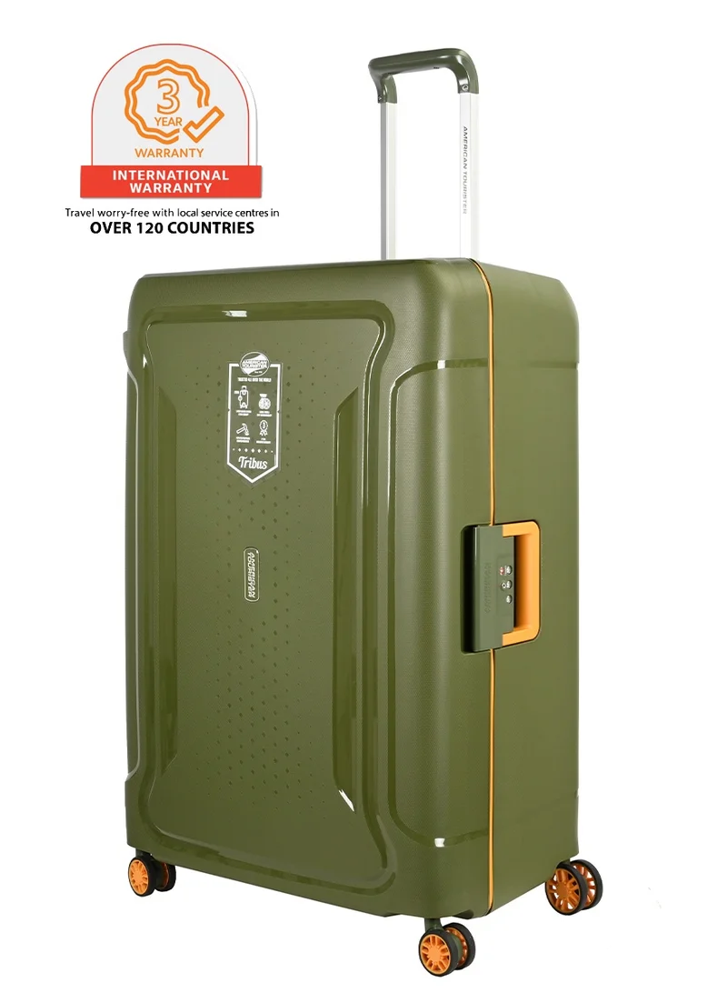 American Tourister  tribus suitcase, check-in size 78 cm / 29 inch, 4 spinner wheels, hard top, polypropylene, olive|address tag|tsa lock|dual tube pull handle|scratch resistant texture|xtrasecu™ 3-point locking system - 3 years international warranty  | Best Price UAE