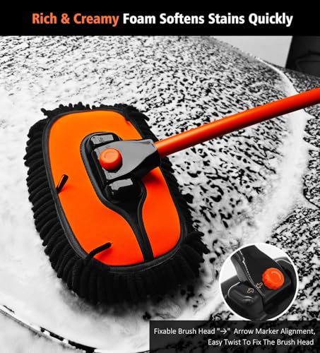 YeewayVeh 57" Car Wash Brush Mop with Long Handle, 15 Degree Curved Extendable Car Wash Brush with Extra Microfiber Mop Head, Soft Car Washing Brushes with Storage Bag for Truck SUV Cleaning, Orange - Image 4