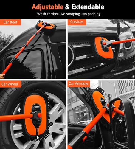YeewayVeh 57" Car Wash Brush Mop with Long Handle, 15 Degree Curved Extendable Car Wash Brush with Extra Microfiber Mop Head, Soft Car Washing Brushes with Storage Bag for Truck SUV Cleaning, Orange - Image 5