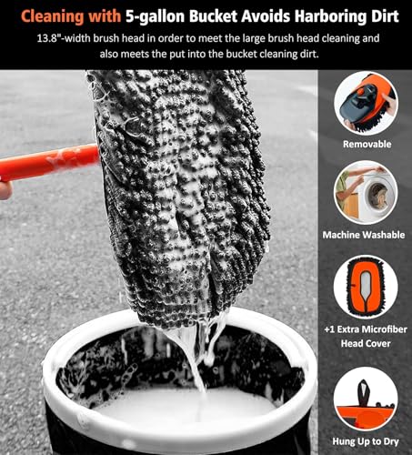 YeewayVeh 57" Car Wash Brush Mop with Long Handle, 15 Degree Curved Extendable Car Wash Brush with Extra Microfiber Mop Head, Soft Car Washing Brushes with Storage Bag for Truck SUV Cleaning, Orange - Image 3
