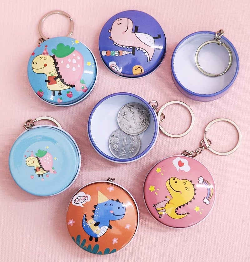 Tera13 TERA 13 Cartoon Coin Storage Box for Girls & Boys, Jewellery Mini Tin With Keychain, Kanjak Return Gift, Steel Pouch (Dinosaur 12 Pcs) - Image 3