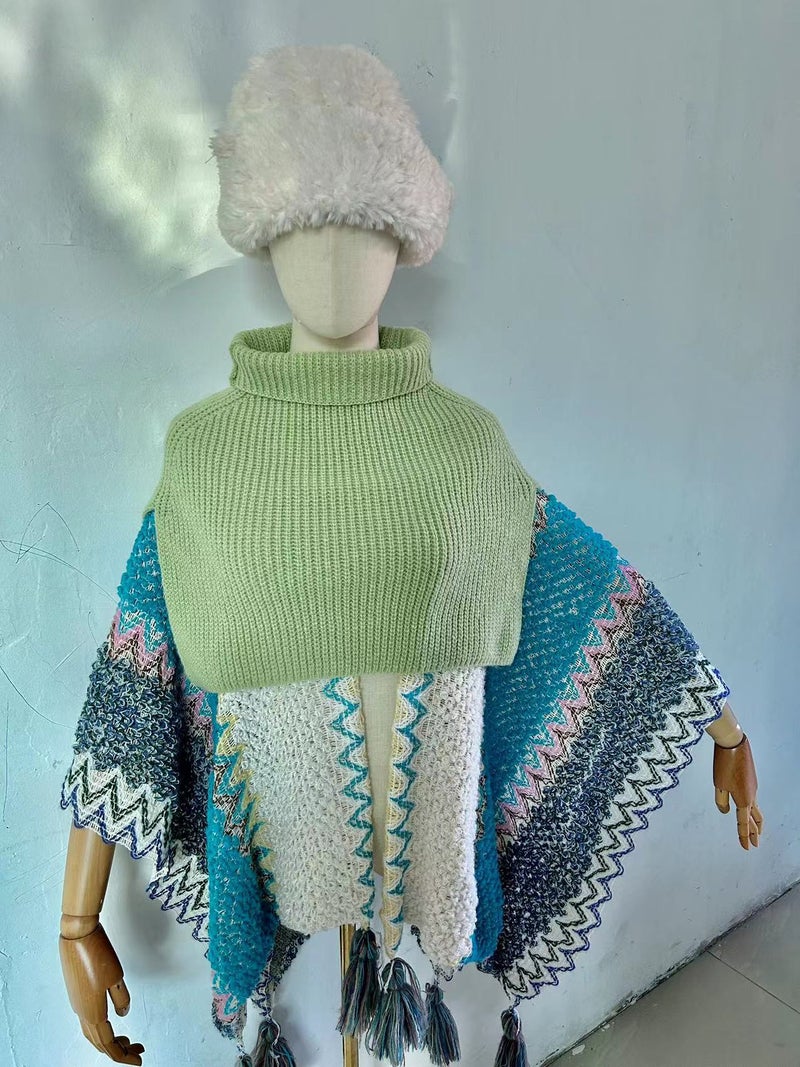 Womens Autumn Winter Shawl Collar Poncho Scarf Knit Apple Green