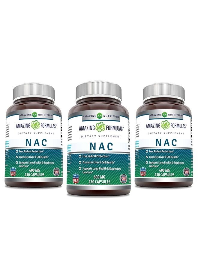 Amazing Nutrition Amazing Formulas NAC (N-Acetyl Cysteine) - 600mg Capsules- Antioxidant Support- Promotes Heart, Kidney, Liver & Respiratory Function * (250 Count (3 Pack))
