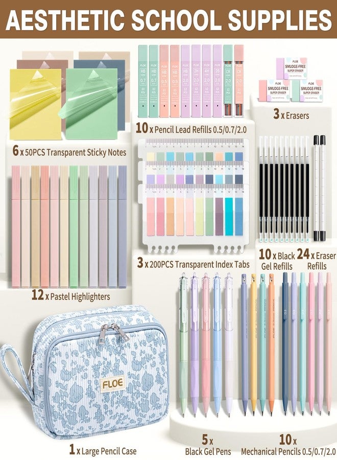 FLOE 62PCS Aesthetic School Supplies, Cute Back to School Supplies College Essentials Preppy Stationary Set with Large Pencil Pouch Case, Pastel Highlighters Gel Pens Mechanical Pencils for Student Girls - Image 2