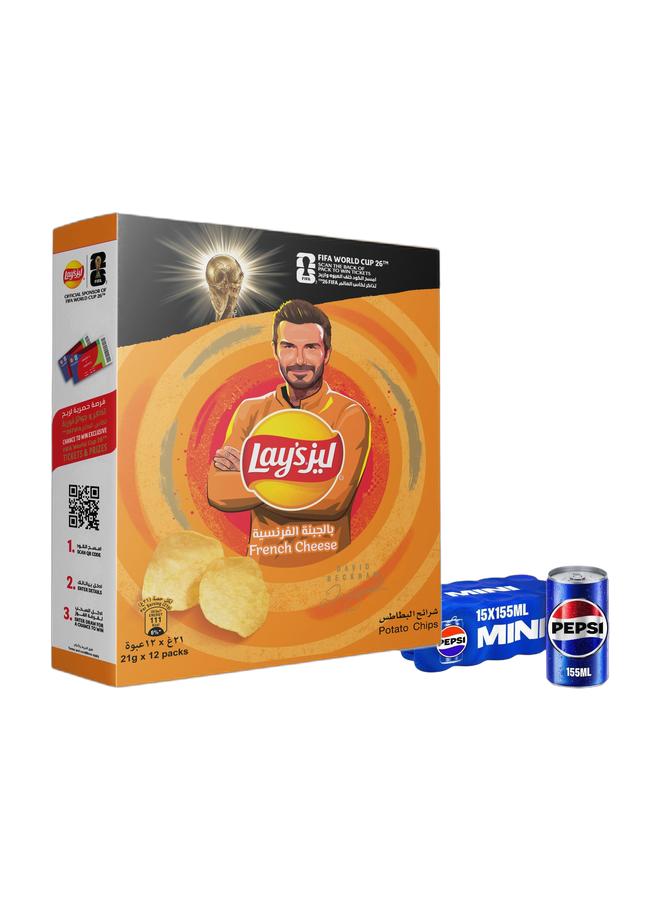 Pepsi Lays French Cheese 21grams Pack of 12 + Pepsi Cola Mini Cans 15 x 155ml - Image 1