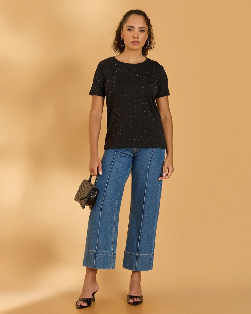 Redtag Women Black Embellished T-Shirt