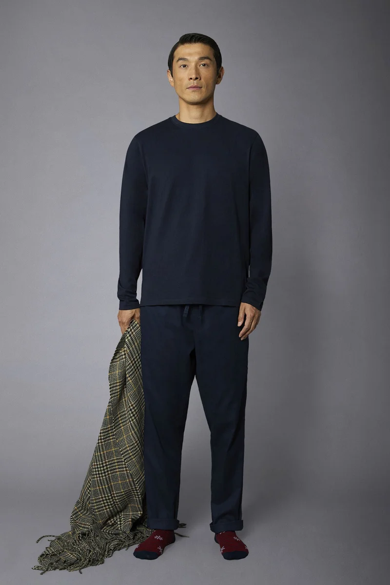 دوبل غانغر Men's solid-color pajamas in pure cotton - DK Blue