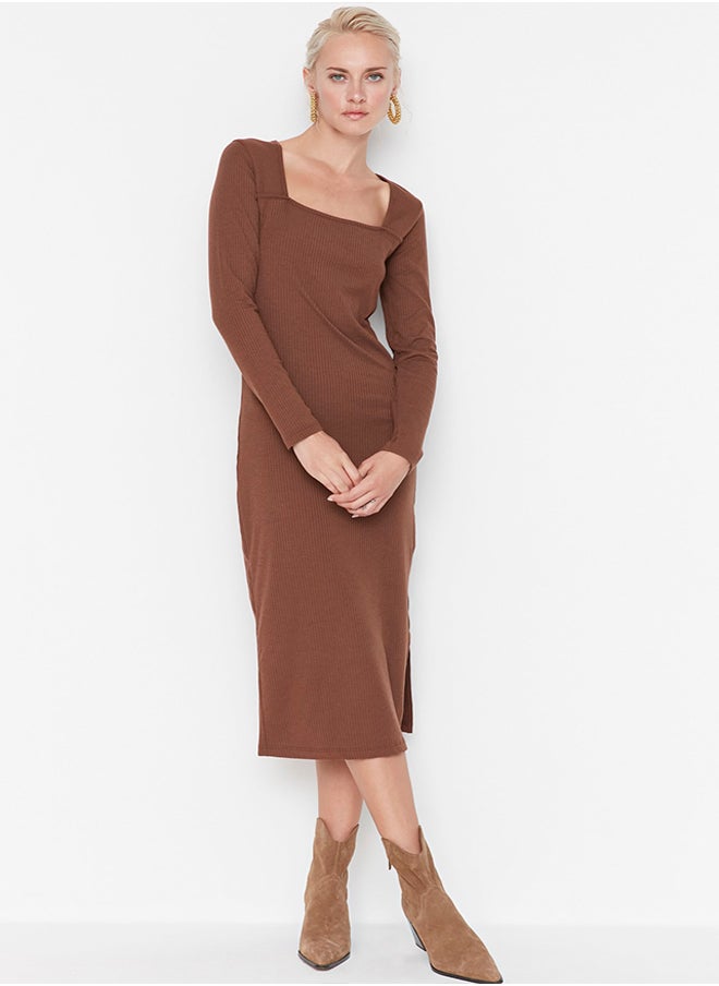 trendyol Brown Ribbed Square Neck Fitted Long Sleeve Slit Midi Dress TWOAW22EL0871  - Image 1