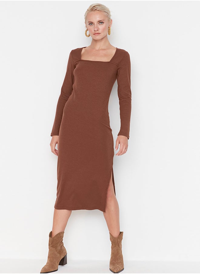 trendyol Brown Ribbed Square Neck Fitted Long Sleeve Slit Midi Dress TWOAW22EL0871  - Image 3