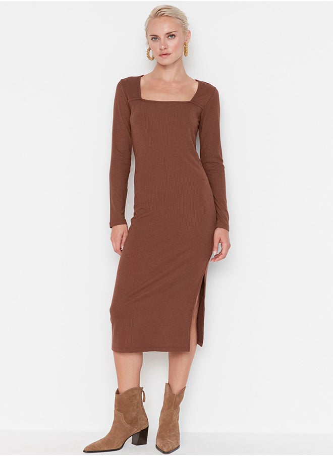 trendyol Brown Ribbed Square Neck Fitted Long Sleeve Slit Midi Dress TWOAW22EL0871  - Image 2