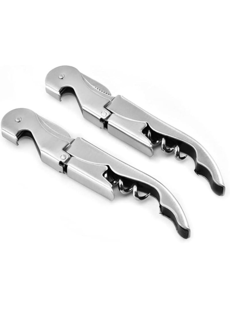 فتاحة زجاج لولبية احترافية للنادلين من الفولاذ المقاوم للصدأ مع قاطع رقائق، فتاحة نادل كلاسيكية مزدوجة المفصلات، مفتاح زجاجات متعدد الاستخدامات للمشروبات، طقم قطعتين لون فضي - Image 1