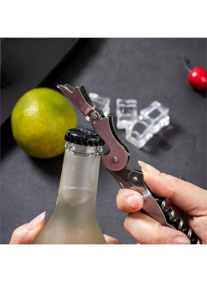 فتاحة زجاج لولبية احترافية للنادلين من الفولاذ المقاوم للصدأ مع قاطع رقائق، فتاحة نادل كلاسيكية مزدوجة المفصلات، مفتاح زجاجات متعدد الاستخدامات للمشروبات، طقم قطعتين لون فضي - Image 4