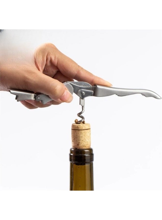فتاحة زجاج لولبية احترافية للنادلين من الفولاذ المقاوم للصدأ مع قاطع رقائق، فتاحة نادل كلاسيكية مزدوجة المفصلات، مفتاح زجاجات متعدد الاستخدامات للمشروبات، طقم قطعتين لون فضي - Image 3