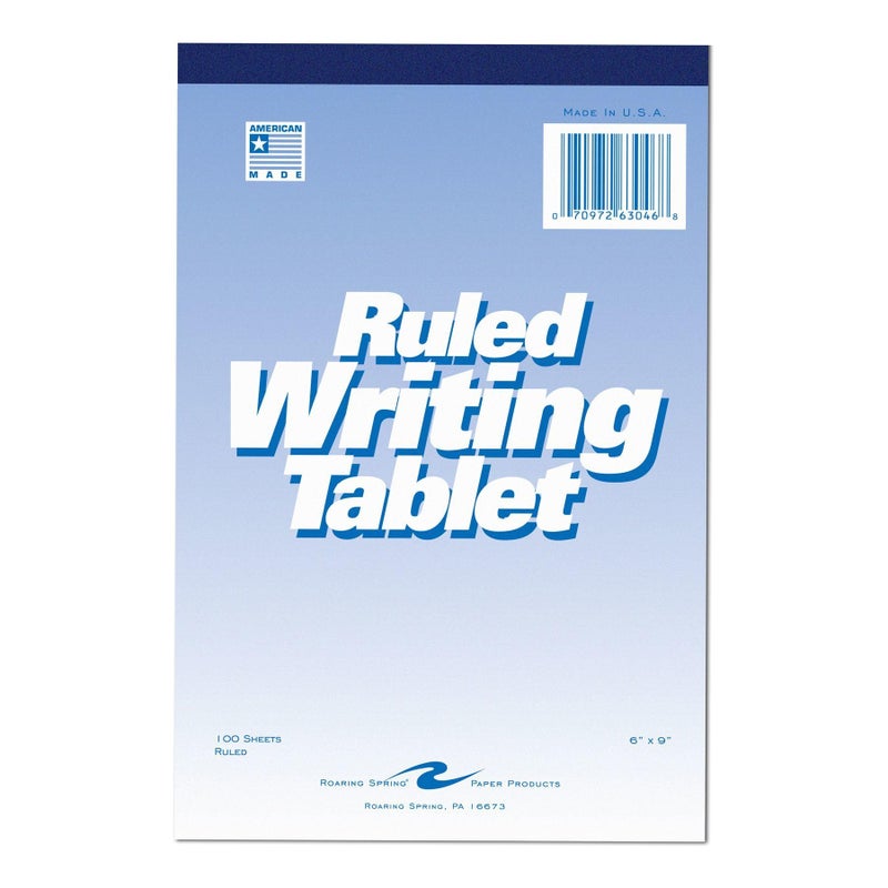 Roaring Spring 6"x9" Writing Tablet, 100 Sheets 15# White Paper, Wide Ruled, Heavy Back Board, Top Edge Bound - Image 1