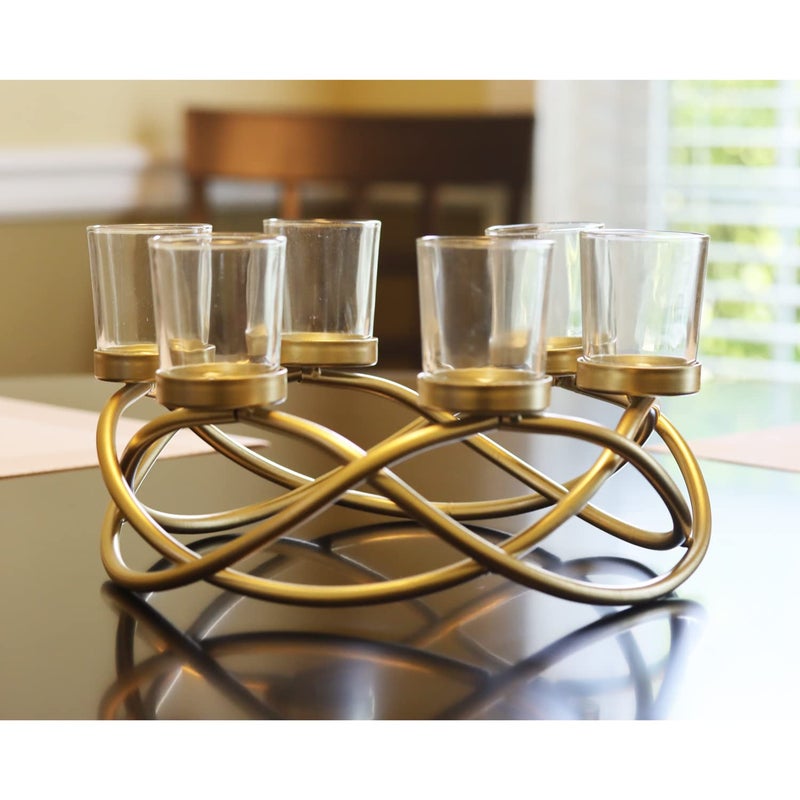 Seraphic Iron Round Table Decor Centerpiece Decorations Candle Holder for Weddings Outdoor Patio Kitchen Dining Room and Coffee Tables Glass Votive Tealight Holders Gold 6 Clear Cups