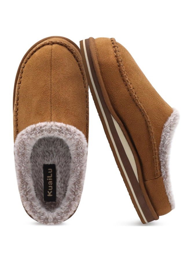 KuaiLu Mens Slippers with Orthopedic Arch Support Suede Faux Fur Fluff Plush Wool-like Warm House Shoes Comfortable Slip-on Bedroom Indoor Outdoor Clogs Slippers for Man Size Khaki 45 - Image 1