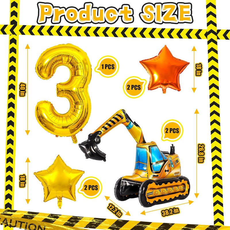 DANIUBE Construction Balloons, Self Standing 4D Excavator Balloon, Golden and Orange Star Balloon, Number 3 Foil Balloons for Kids 3rd Birthday Party Decorations Supplies.(3rd) - Image 2