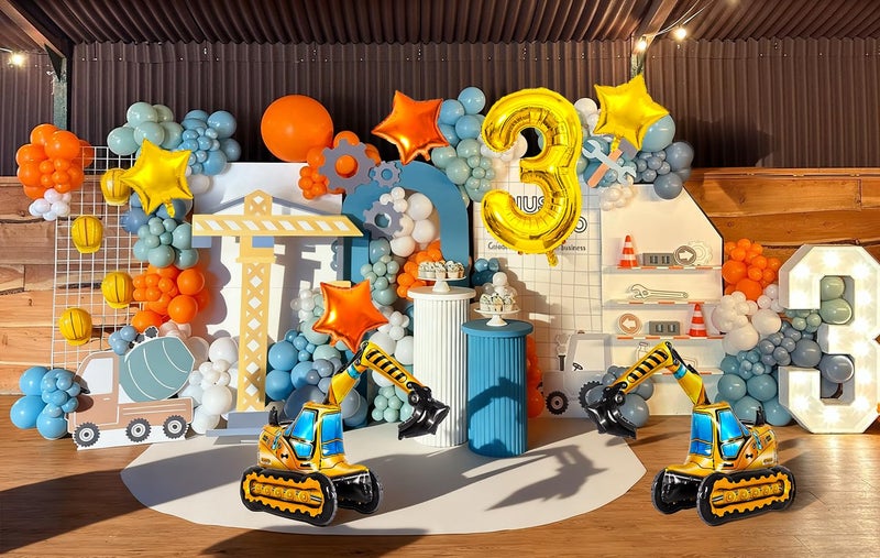 DANIUBE Construction Balloons, Self Standing 4D Excavator Balloon, Golden and Orange Star Balloon, Number 3 Foil Balloons for Kids 3rd Birthday Party Decorations Supplies.(3rd) - Image 4