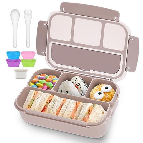 QQKO Bento Box Adult Lunch Box Lunch Containers for Adults Men Women Kids Lunch Boxes for School with 4 Compartments Sauce Container Utensils and Muffin Cups Brown