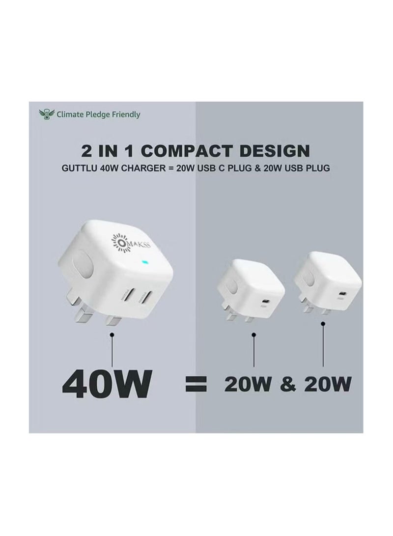 OMAKSS 40W IPhone15 Dual Port Fast Charger USB C Wall Charger Plug Power Adapter UK Charging for iPhone 14/13/13 Mini/13 Pro/13 Pro Max /12/12 Mini/12 Pro/12 Pro Max/11/11 Pro/iPad Mini - Image 2