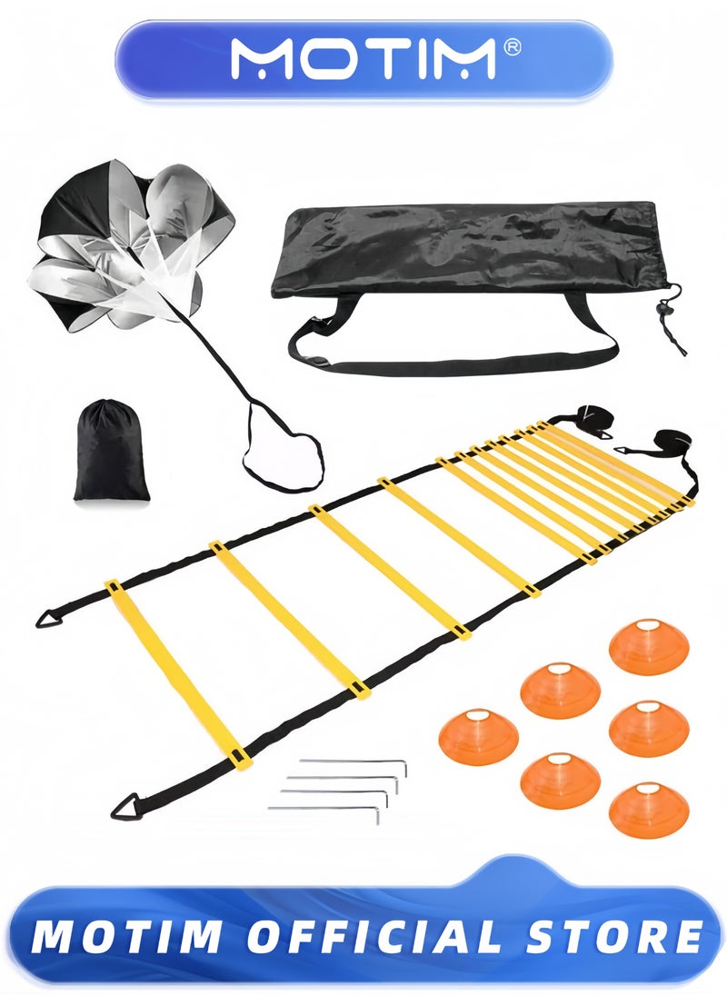 Motim Speed Agility Training Set with 6M Agility Ladder & 6 Disc Cones & 4 Matal Stakes & Running Parachute & Carry Bag for Football & Hockey Training Athletes  - Image 1