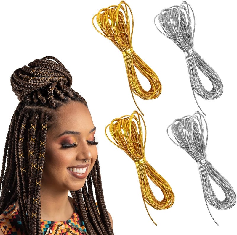 Sliverdew 4 Pieces 5M Hair Strings for Braids Hair Accessory String Hair Wrap String Dreadlock Braiding Rope Silver Gold Braiding Hair Deco Styling Hair Braiding String for Hair Braiding Twist Gift Hang Tags