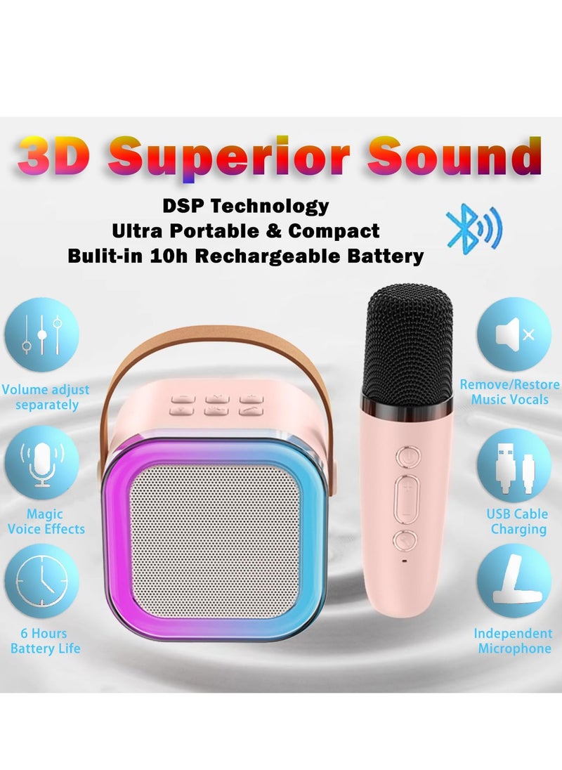Mini Karaoke Machine,Wireless Karaoke Microphone,Portable Bluetooth Speaker with Microphone and LED Lights for Adults & Kids,4 connection methods,for Party,Meeting,Speech,Camping (Pink)