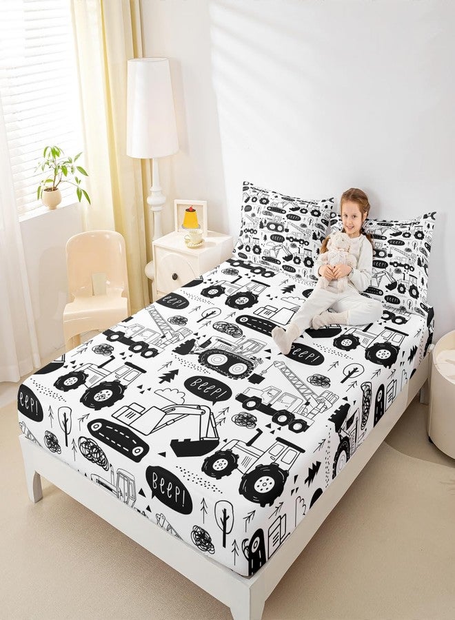 Man Fei Manfei Cartoon Cars Kids Fitted Sheet Full Size,Tractor Truck Excavator Toddler Bedding Set,Girls Boys Adults Room Decor,Construction Vehicles Bed Cover,Black White Chic Bed Sheet,2 Pillowcases - Image 3