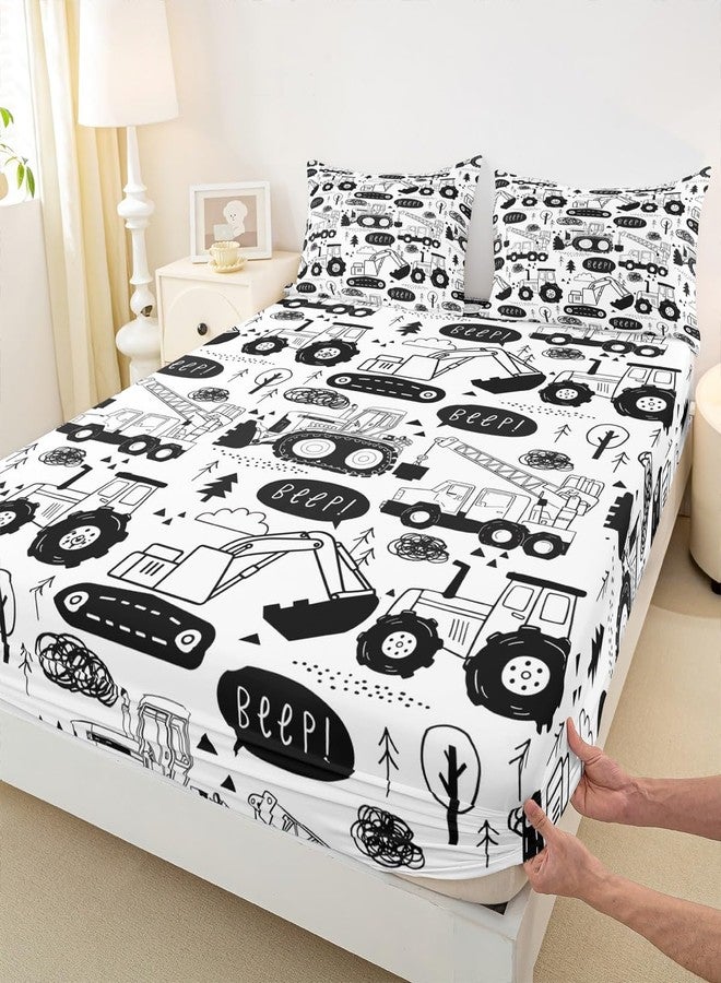Man Fei Manfei Cartoon Cars Kids Fitted Sheet Full Size,Tractor Truck Excavator Toddler Bedding Set,Girls Boys Adults Room Decor,Construction Vehicles Bed Cover,Black White Chic Bed Sheet,2 Pillowcases - Image 1