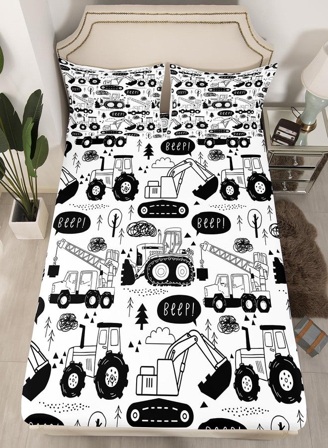 Man Fei Manfei Cartoon Cars Kids Fitted Sheet Full Size,Tractor Truck Excavator Toddler Bedding Set,Girls Boys Adults Room Decor,Construction Vehicles Bed Cover,Black White Chic Bed Sheet,2 Pillowcases - Image 5