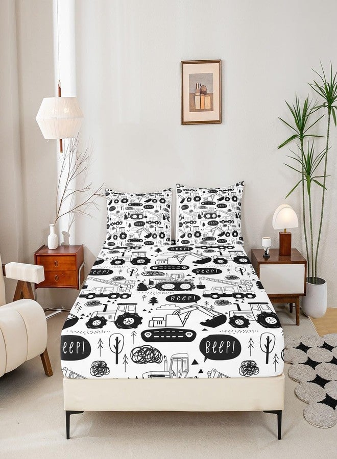 Man Fei Manfei Cartoon Cars Kids Fitted Sheet Full Size,Tractor Truck Excavator Toddler Bedding Set,Girls Boys Adults Room Decor,Construction Vehicles Bed Cover,Black White Chic Bed Sheet,2 Pillowcases - Image 4