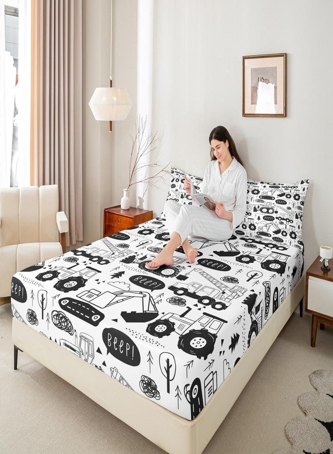 Man Fei Manfei Cartoon Cars Kids Fitted Sheet Full Size,Tractor Truck Excavator Toddler Bedding Set,Girls Boys Adults Room Decor,Construction Vehicles Bed Cover,Black White Chic Bed Sheet,2 Pillowcases - Image 2