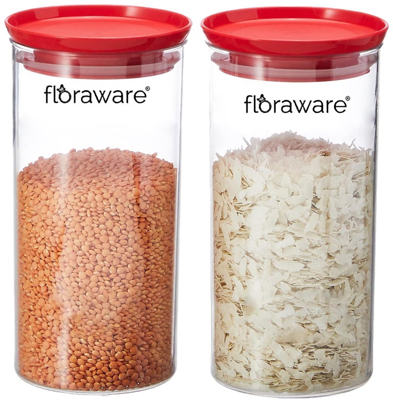 Floraware Plastic Air Tight BPA Free Stackable Round Push Multipurpose Containers For Kitchen Organizer 1400ml for Rice Dal Flour Snacks Cereals Pack of 2 Red - Image 1