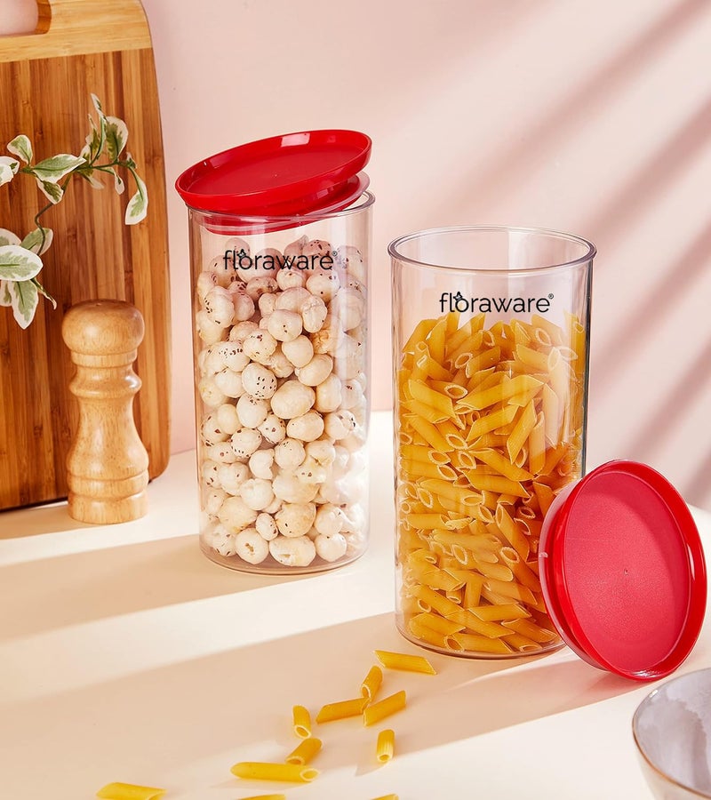 Floraware Plastic Air Tight BPA Free Stackable Round Push Multipurpose Containers For Kitchen Organizer 1400ml for Rice Dal Flour Snacks Cereals Pack of 2 Red - Image 2