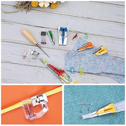 LUNARM Bias Tape Tool Kit with Instruction, 5 Sizes Bias Tape Maker (6mm 9mm 12mm 18mm 25mm) with 4 Pcs Sewing Machine Presser Foot, Sewing Clips, Ball Point Pins, Awl, for Fabric Sewing and Quilting - Image 5