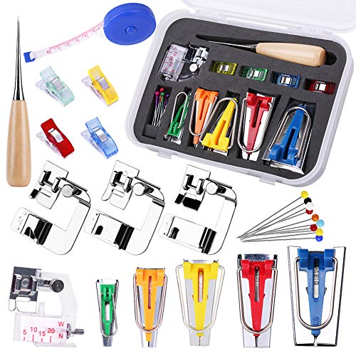 LUNARM Bias Tape Tool Kit with Instruction, 5 Sizes Bias Tape Maker (6mm 9mm 12mm 18mm 25mm) with 4 Pcs Sewing Machine Presser Foot, Sewing Clips, Ball Point Pins, Awl, for Fabric Sewing and Quilting - Image 1