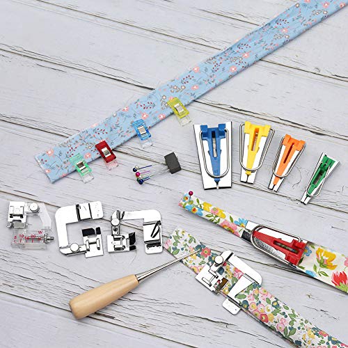 LUNARM Bias Tape Tool Kit with Instruction, 5 Sizes Bias Tape Maker (6mm 9mm 12mm 18mm 25mm) with 4 Pcs Sewing Machine Presser Foot, Sewing Clips, Ball Point Pins, Awl, for Fabric Sewing and Quilting - Image 3