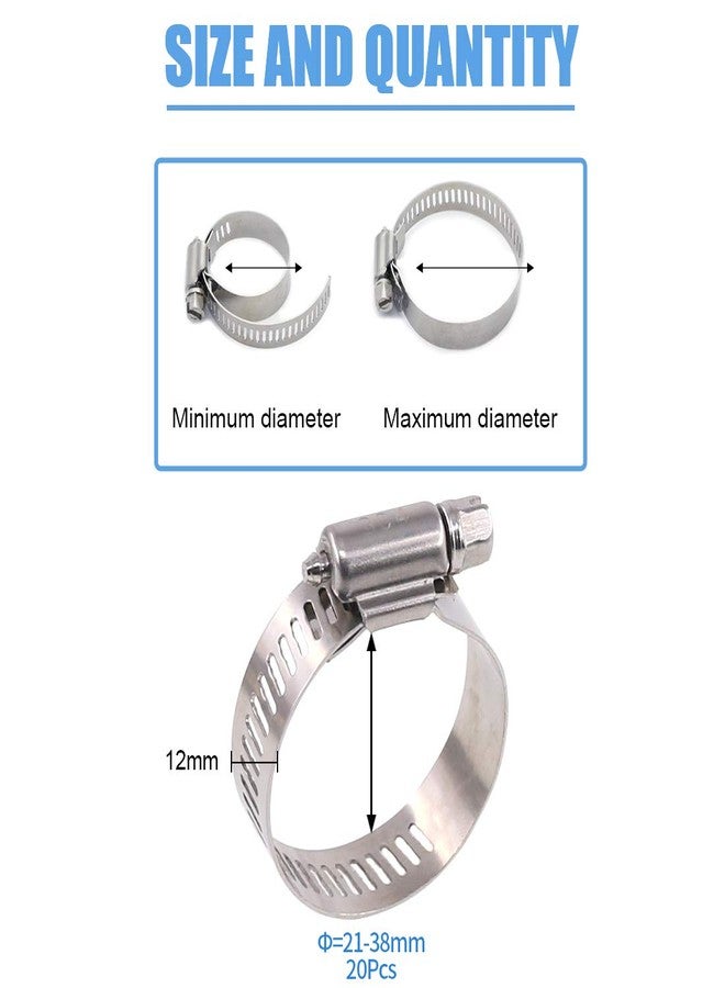 Glarks 20pcs Stainless Steel 304 Adjustable 21-38mm Assorted Worm Gear Hose Clamps Kit for Water Pipe, Plumbing, Automotive and Mechanical Application(21-38mm) - Image 2