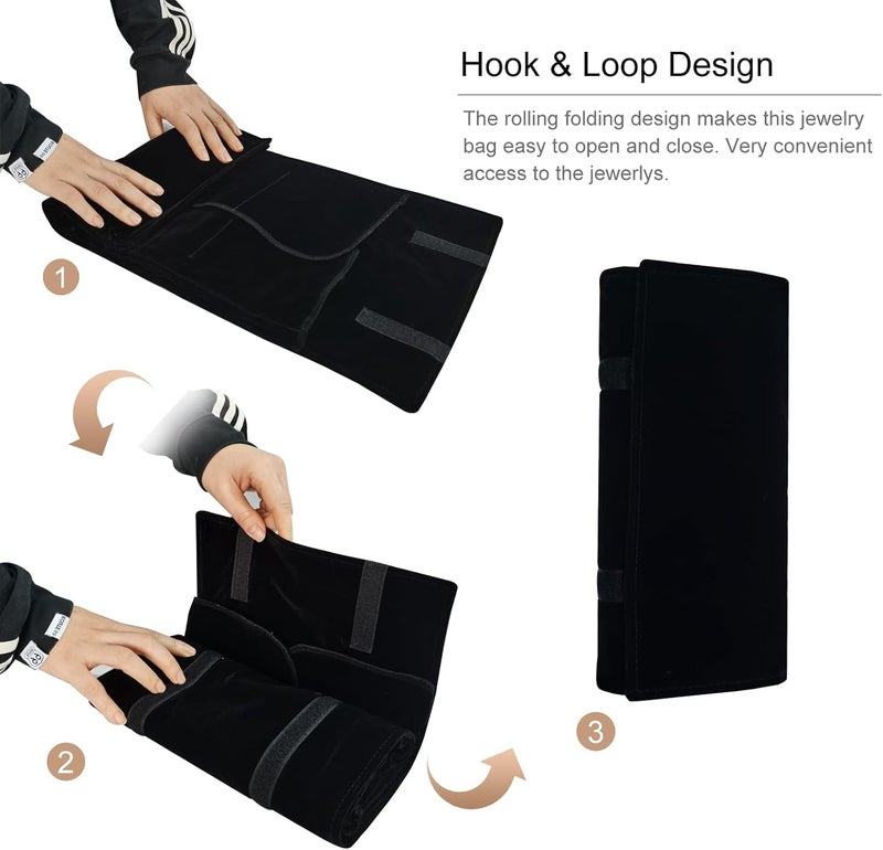 SCIKHEFT Velvet Travel Jewelry Case Roll Bag Organizer for Necklace Bracelet Earrings Ring (Black) - Image 4