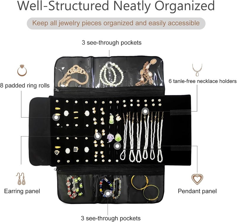 SCIKHEFT Velvet Travel Jewelry Case Roll Bag Organizer for Necklace Bracelet Earrings Ring (Black) - Image 3