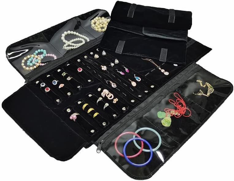 SCIKHEFT Velvet Travel Jewelry Case Roll Bag Organizer for Necklace Bracelet Earrings Ring (Black) - Image 1