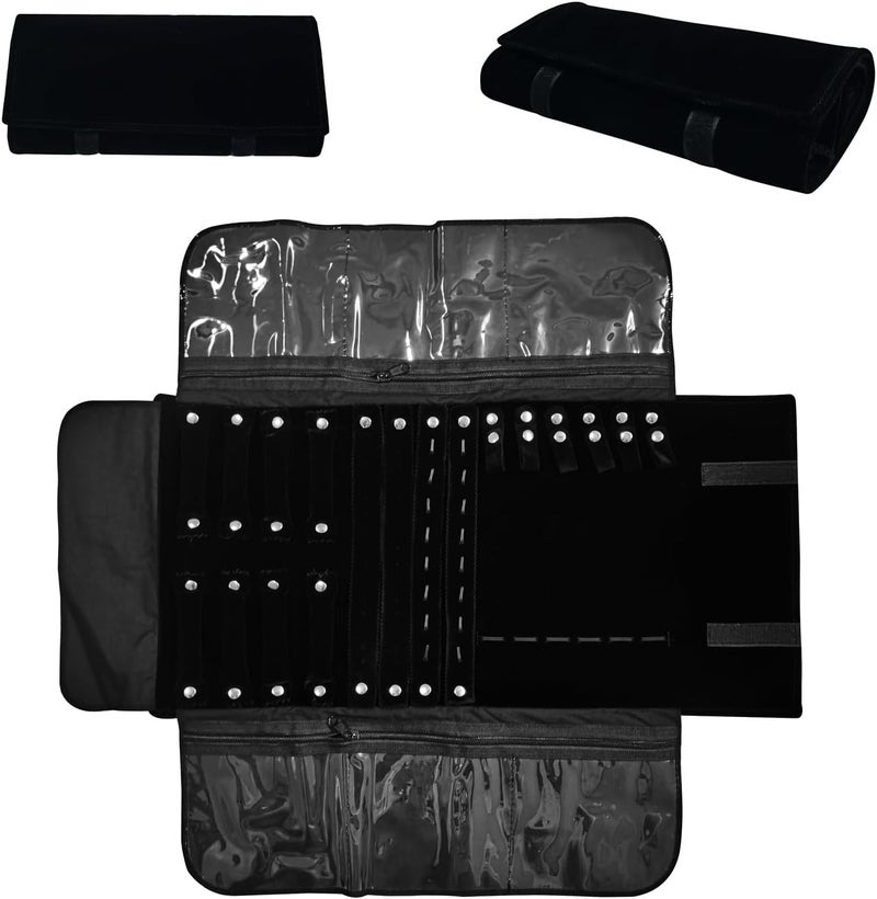 SCIKHEFT Velvet Travel Jewelry Case Roll Bag Organizer for Necklace Bracelet Earrings Ring (Black) - Image 2