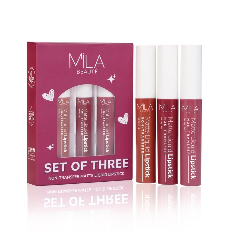 Mila Beaute مجموعة أحمر شفاه سائل من 3 قطع للنساء | غير قابل للنقل وبتشطيب غير لامع | خفيف الوزن ومرطب | صبغة غنية مع زيت شجرة الشاي | درجات الموف والوردي - Image 1