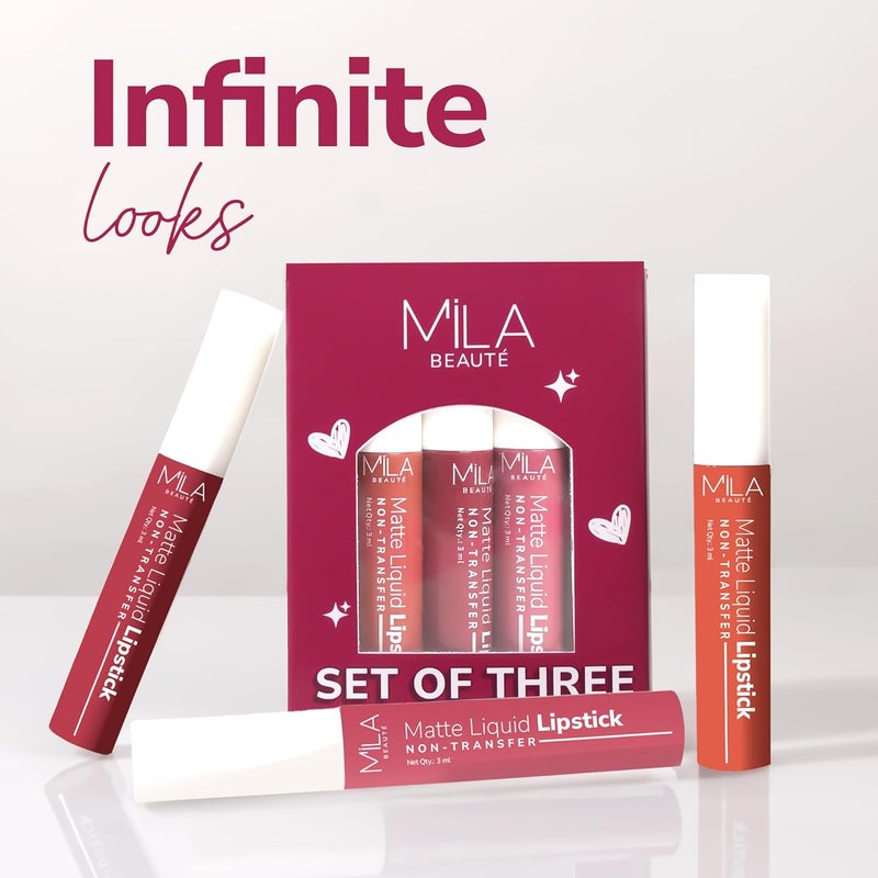 Mila Beaute مجموعة أحمر شفاه سائل من 3 قطع للنساء | غير قابل للنقل وبتشطيب غير لامع | خفيف الوزن ومرطب | صبغة غنية مع زيت شجرة الشاي | درجات الموف والوردي - Image 2