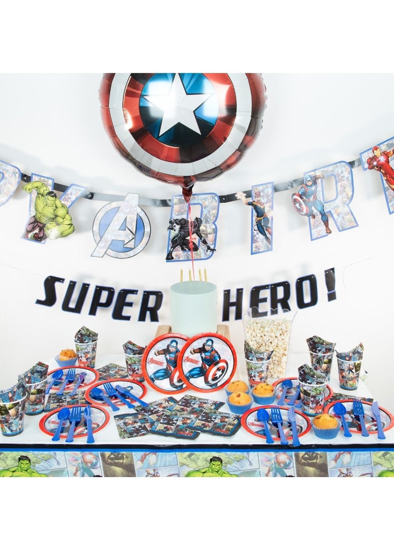 Amscan Captain America, 59 Piece Tableware Party Supplies For 8 Guests, Includes Napkins, Plates, Cups, Cutlery, Tablecover, Banner And Balloon, Multicolor - Image 1
