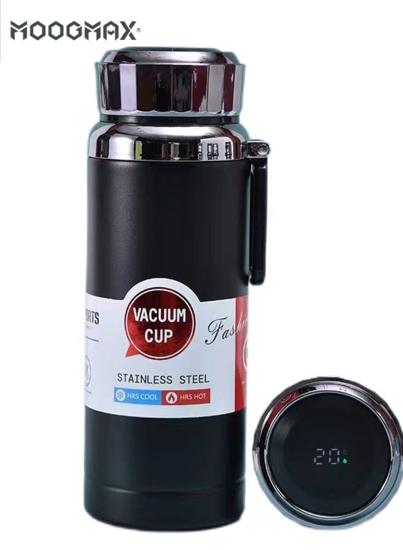 MOOGMAX Smart thermal mug made of stainless steel with digital temperature display for coffee. Keeps drinks hot for up to 8 hours. 600ml capacity, Moj Max brand, black color. Coffee mug, heat-retaining cup, espresso cup, V60 mug, Stanley-style cup, smart thermal mug, insulated coffee cup, hot water mug, smart mug for everyday use.  - Image 1