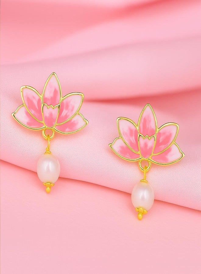Estele Gold Plated Lotus Inspired Drop Earrings for Women | Elegant Statement Jewellery - Image 2