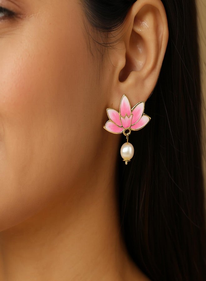 Estele Gold Plated Lotus Inspired Drop Earrings for Women | Elegant Statement Jewellery - Image 3
